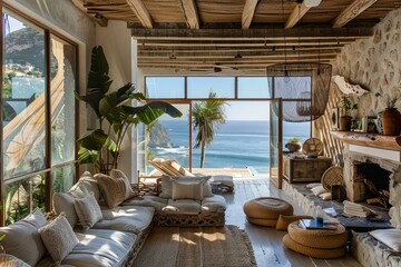 Fototapeta premium Spacious beachfront living room with modern rustic decor and breathtaking sea panorama