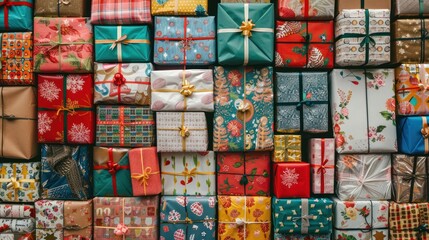 Colorful Assortment of Wrapped Presents - A vibrant collection of beautifully wrapped presents in various colors and patterns, perfect for festive occasions.