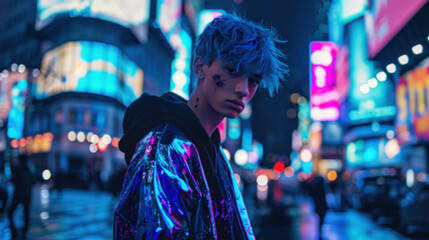 Obraz premium Completely blurred image young man with blue hair in a neon-lit urban environment