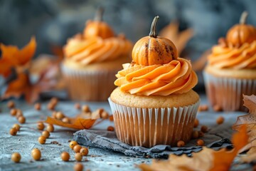 Delicious pumpkin cupcakes topped with creamy frosting and miniature pumpkins, surrounded by autumn leaves and festive decor..