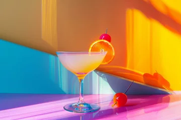 Vibrant cocktail in a martini glass garnished with fruit, casting shadows in a colorful retro setting