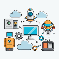 Linear Flat Businessman levitate in Zen pose and lamp, house, family silhouette money in circle around vector illustration. Human Values concept.