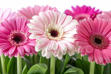 Pink gerbera daisy bouquet with lush green leaves