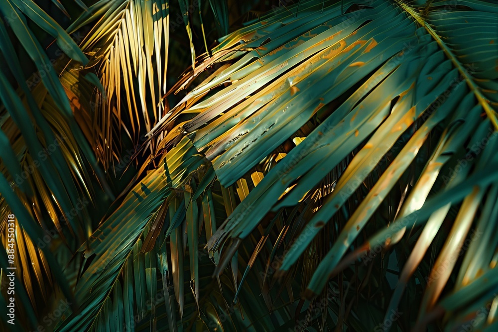 Canvas Prints Warm sunlight filters through lush green palm leaves, enhancing their intricate details and texture