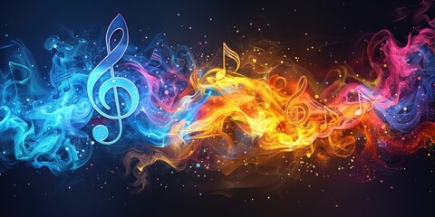 Abstract colorful music notes and swirls on a dark background, creating a vibrant and dynamic scene.