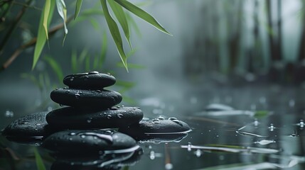 Black spa stones with water drops and bamboo on dark background generative ai