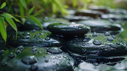 Black spa stones with water drops and bamboo on dark background generative ai