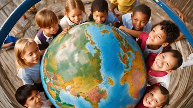 The kids excitedly explore a globe, revealing their passion for acquiring knowledge