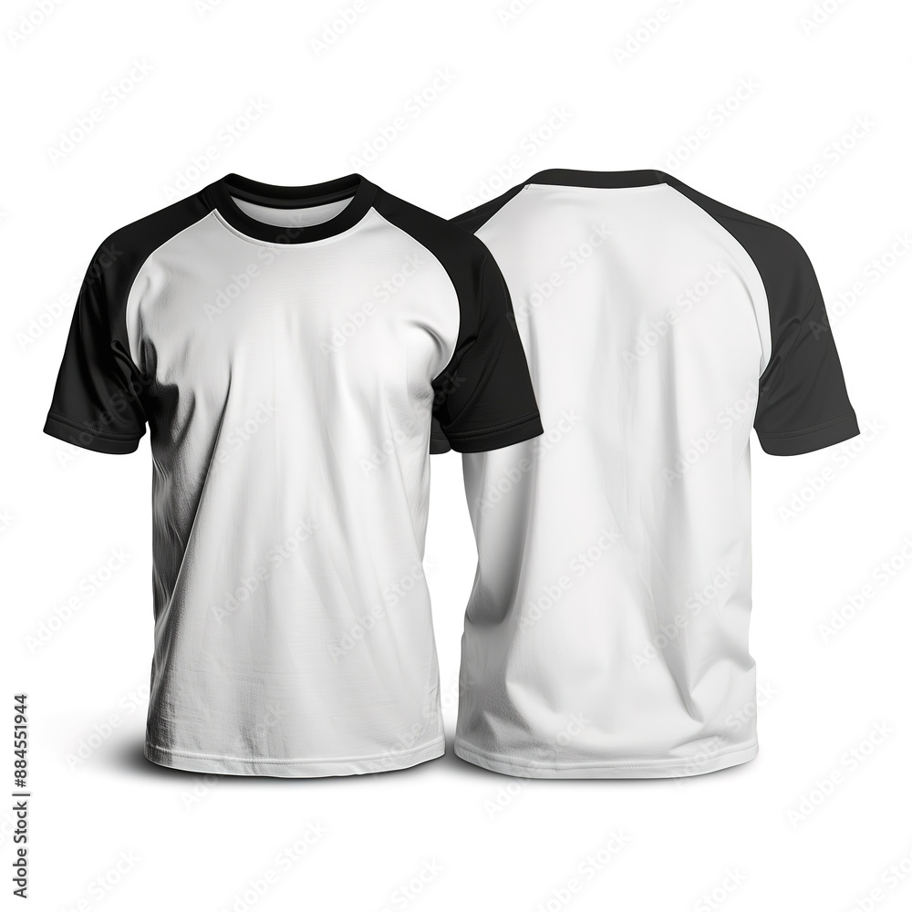 Wall mural White Baseball T-Shirt with Black Sleeves Mockup Front and Back Views on White Background