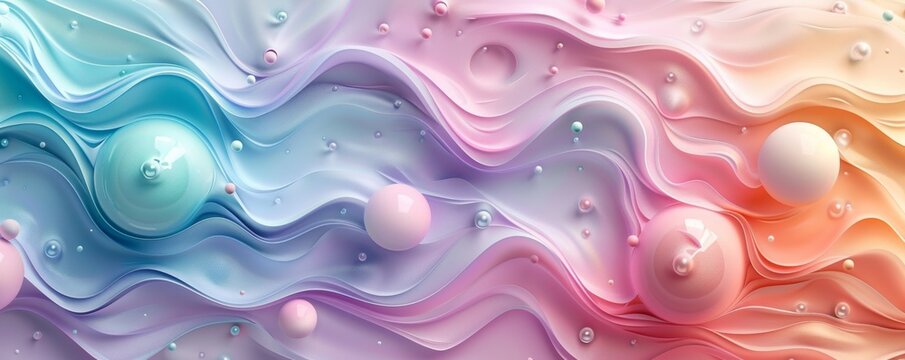 Abstract pastel colored 3D waves and spheres background
