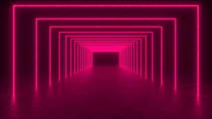 A glowing pink neon light corridor extends into the distance.