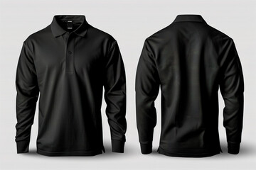 Black Long Sleeve Polo T-Shirt Mockup Front and Back Views on White Background