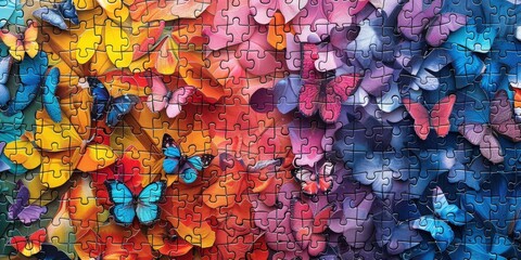 A beautiful puzzle depicting butterflies with colorful wings, set against a gradient background from yellow to blue.