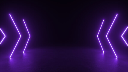 Purple neon lights form arrows in a dark room.