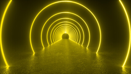 Naklejka premium A yellow neon tunnel illuminated with glowing circles. The surface below is wet and reflects the light.