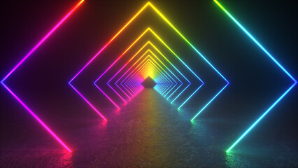 A glowing tunnel of neon lights, with each side reflecting in a mirrored floor.