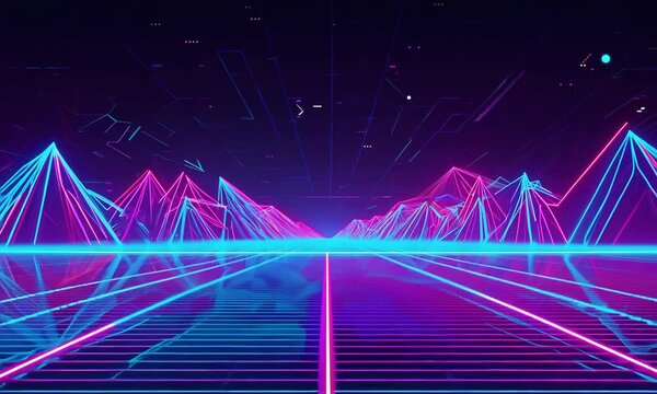 Neon-lit futuristic digital landscape with glowing geometric mountains