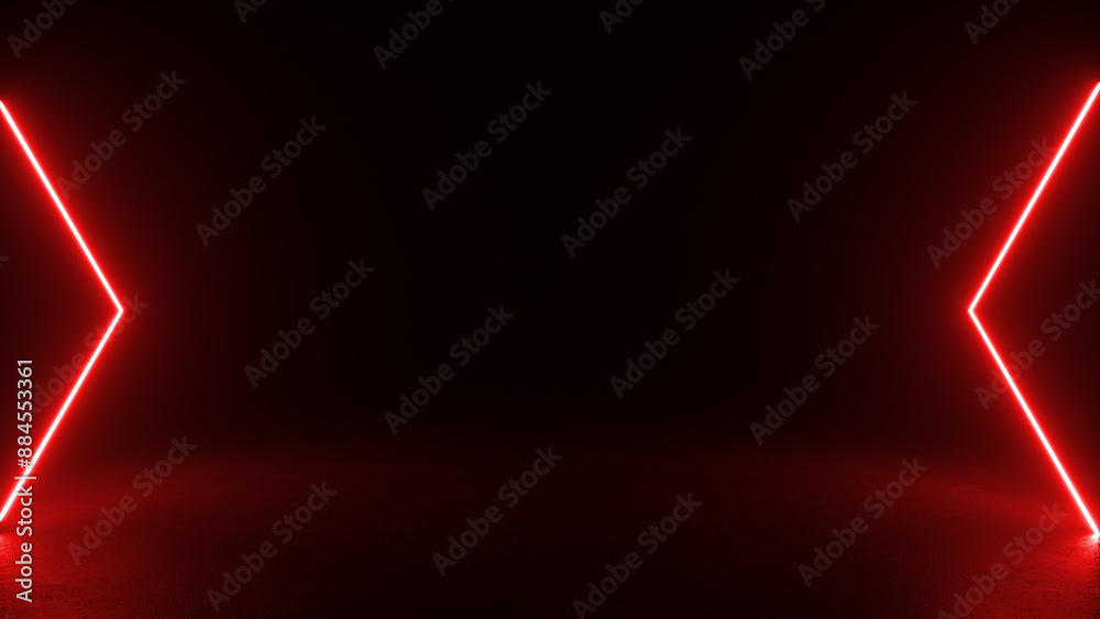 Wall mural two bright red neon shapes, each resembling an arrow, glow against a black background. the shapes cr