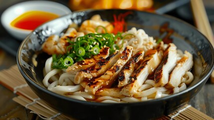 The national cuisine of Japan. Udon with chicken.