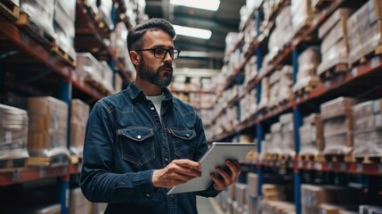 A man wearing glasses and a denim shirt uses a tablet while standing in a warehouse.