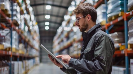A man wearing glasses uses a tablet while standing in a warehouse.