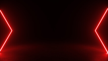 Two bright red neon shapes, each resembling an arrow, glow against a black background. The shapes create an illusion of depth, suggesting the possibility of an opening or portal.