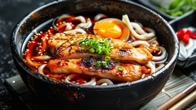 The national cuisine of Japan. Udon with chicken.