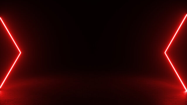 Two bright red neon shapes, each resembling an arrow, glow against a black background. The shapes create an illusion of depth, suggesting the possibility of an opening or portal.