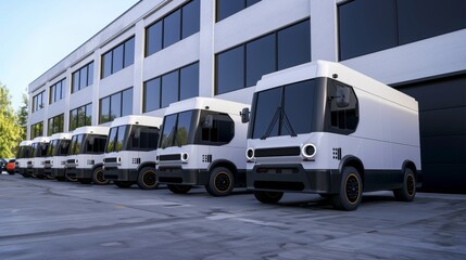 A row of electric delivery vans are parked outside of a modern office building.