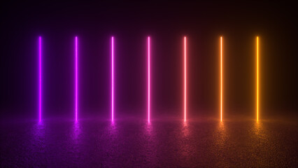A series of neon glow shapes in pink, purple, and orange illuminate a dark background.