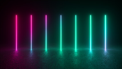 A dark room with seven neon glow shapes, three pink and four green, standing upright and casting reflections on the floor. © MIKHAIL