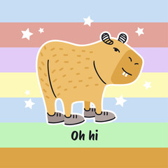 Cute cartoon capybara wearing shoes. Postcard