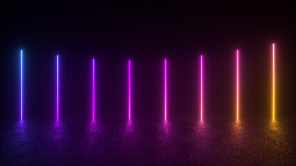 A dark room is illuminated by a row of neon lights, arranged in a line on the floor. The lights are various colors, including blue, pink, purple, and orange.