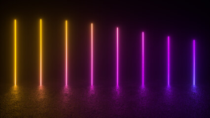 Multiple vertical neon light beams of yellow and purple glow on a dark, textured ground.