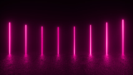 A series of vertical pink neon lights illuminates a dark room, casting a soft glow on the ground below.