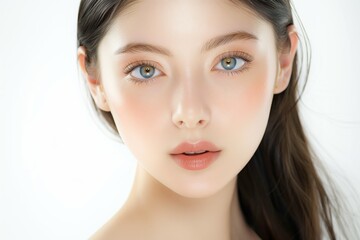 Naklejka premium close up face portrait of young pretty Asian woman Hazel color eyes with bright flawless skin, beauty cosmetic or skincare fashion portrait with copy space