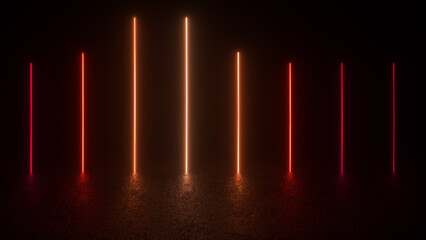 A dark room with a row of orange and red neon lights on a textured floor.