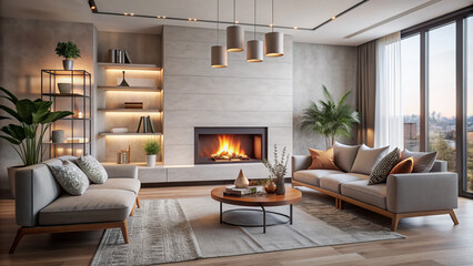Cozy minimalist fireplace with warm flames crackling in a sleek modern living room interior, surrounded by neutral tones and sparse furnishings.
