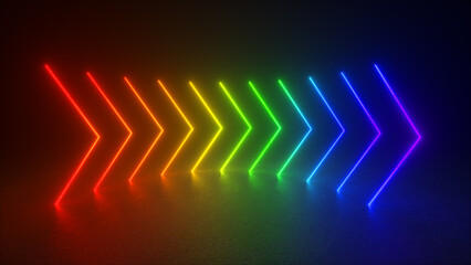 A dark background with multiple neon arrows in rainbow colors. The arrows point right and are arranged in rows.