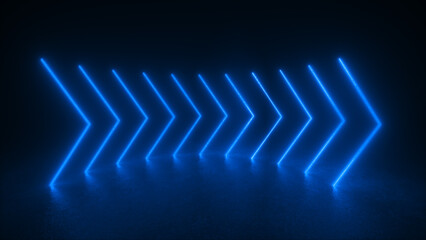 Naklejka premium A row of blue neon arrows glows in a dark room.