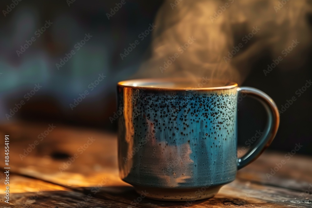 Wall mural Cozy scene with a hot coffee cup steaming on a rustic wooden surface