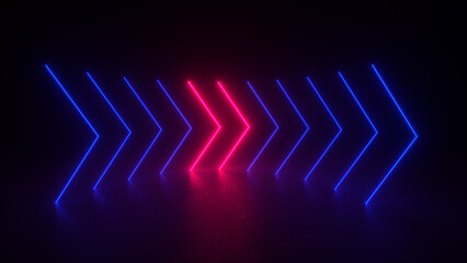 A single red neon arrow stands out against a row of blue arrows in a dark room.