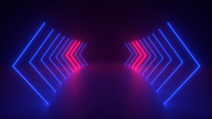 A dark room with blue and red neon arrows in a repeating pattern. The arrows are forming a hallway leading into the darkness.