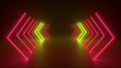 Neon lights form a tunnel of arrows in a dark room. The glow creates a sense of depth and movement.