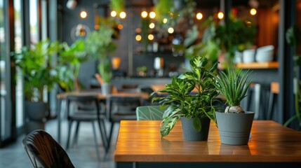 Fototapeta premium Modern restaurant interior with green plants coffee shop background available space