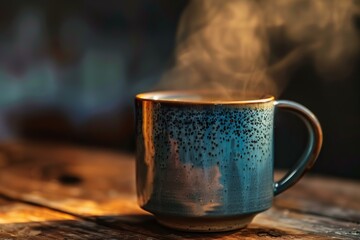 Fototapeta premium Cozy scene with a hot coffee cup steaming on a rustic wooden surface
