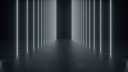 Naklejka premium A long corridor lined with white neon lights, creating a futuristic and abstract scene.