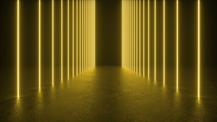 A dark corridor lined with glowing yellow neon lights.