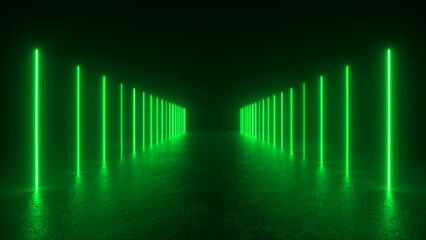 A long, narrow corridor with rows of glowing green neon lights on either side. The lights create a vibrant and futuristic atmosphere.