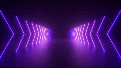 A dimly lit corridor with a series of purple neon lights arranged in arrow shapes along the walls. The lights create a futuristic and atmospheric effect. © MIKHAIL